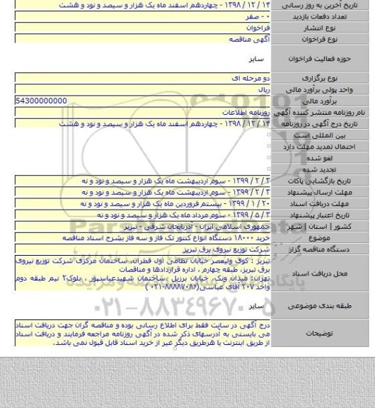 خرید ۱۸۰۰۰ دستگاه انواع کنتور تک فاز و سه فاز بشرح اسناد مناقصه