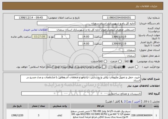 استعلام خرید، حمل و تحویل ملزومات برقی و روشنایی ، رادیاتور و متعلقات آن مطابق با مشخصات و مدل مندرج در اسناد