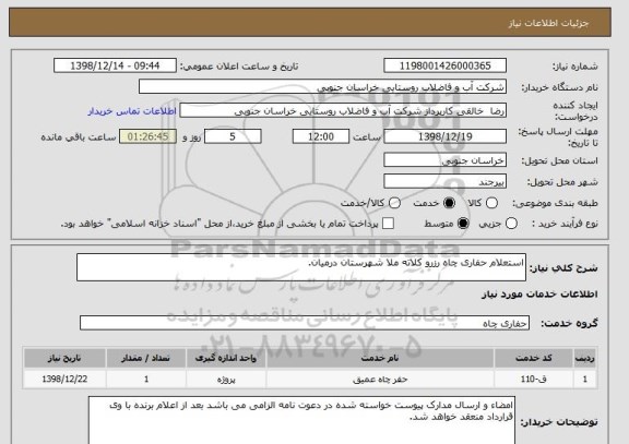 استعلام استعلام حفاری چاه رزرو کلاته ملا شهرستان درمیان.