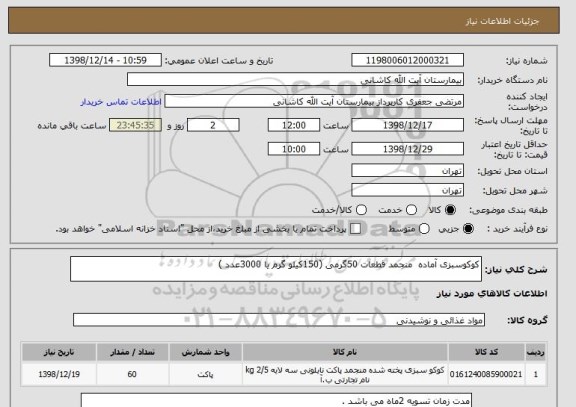 استعلام کوکوسبزی آماده  منجمد قطعات 50گرمی (150کیلو گرم یا 3000عدد )