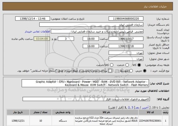 استعلام  Graphic Adaptor - CPU - Mainboard - Power - HDD - RAM - DVD RW - Network Adaptor -  Keyboard & Mouse  KVM Switch - Network Switch - Flash Memory 