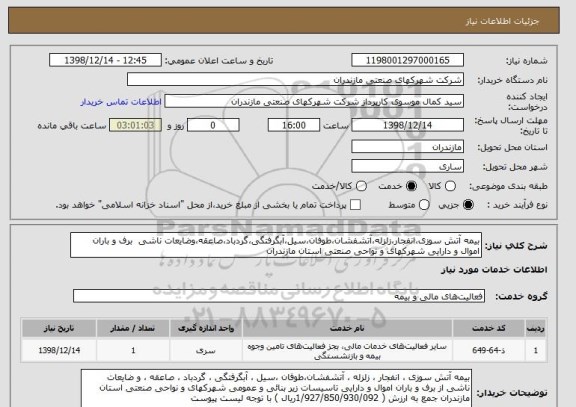 استعلام بیمه آتش سوزی،انفجار،زلزله،آتشفشان،طوفان،سیل،آبگرفتگی،گردباد،صاعقه،وضایعات ناشی  برف و باران اموال و دارایی شهرکهای و نواحی صنعتی استان مازندران