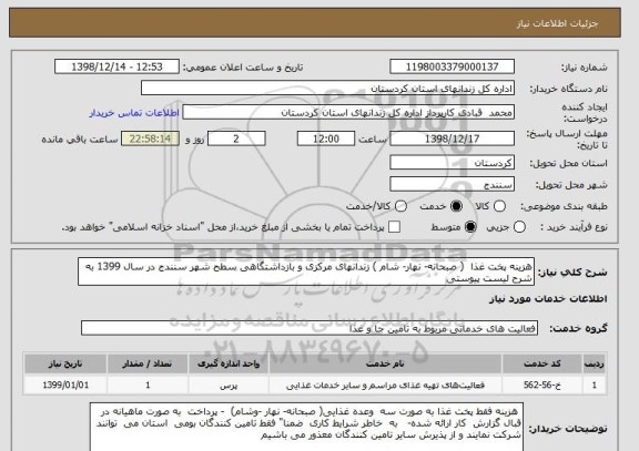 استعلام هزینه پخت غذا  ( صبحانه- نهار- شام ) زندانهای مرکزی و بازداشتگاهی سطح شهر سنندج در سال 1399 به شرح لیست پیوستی