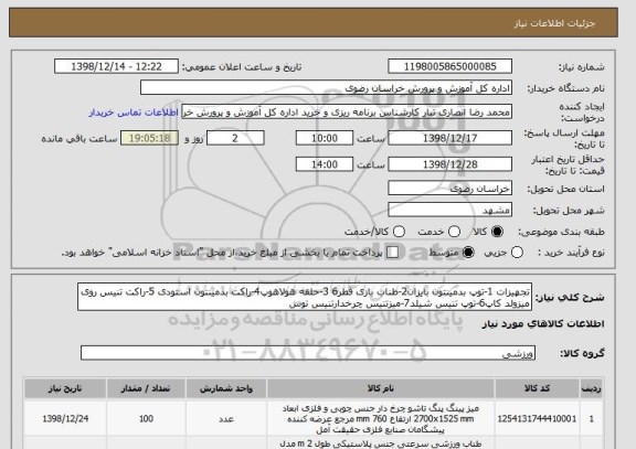 استعلام تجهیزات 1-توپ بدمینتون بایزان2-طناب بازی قطر6 3-حلقه هولاهوپ4-راکت بدمینتون استودی 5-راکت تنیس روی میزولد کاپ6-توپ تنیس شیلد7-میزتنیس چرخدارتنیس توس