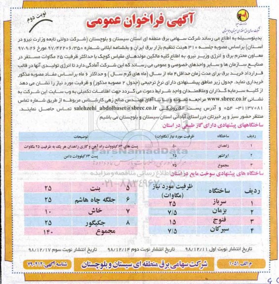 مناقصه , مناقصه خرید برق -نوبت دوم 
