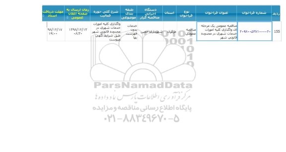 مناقصه ، مناقصه عمومی واگذاری کلیه امورات خدمات شهری در محدوده قانونی شهر 