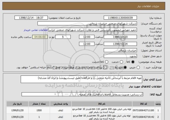 استعلام تهیه اقلام مرتبط با آبرسانی ناحیه صنعتی راز و جرگلان (طبق لیست پیوست و ایران کد مشابه)