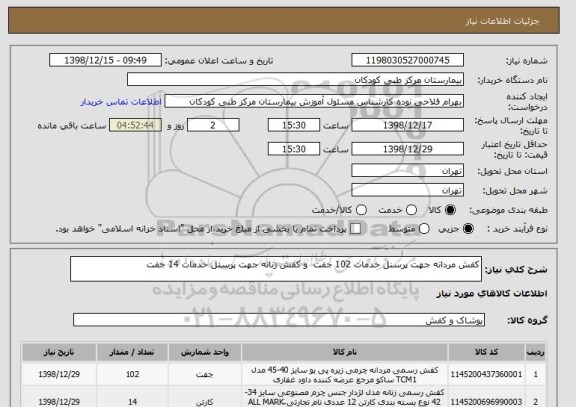 استعلام کفش مردانه جهت پرسنل خدمات 102 جفت  و کفش زنانه جهت پرسنل خدمات 14 جفت