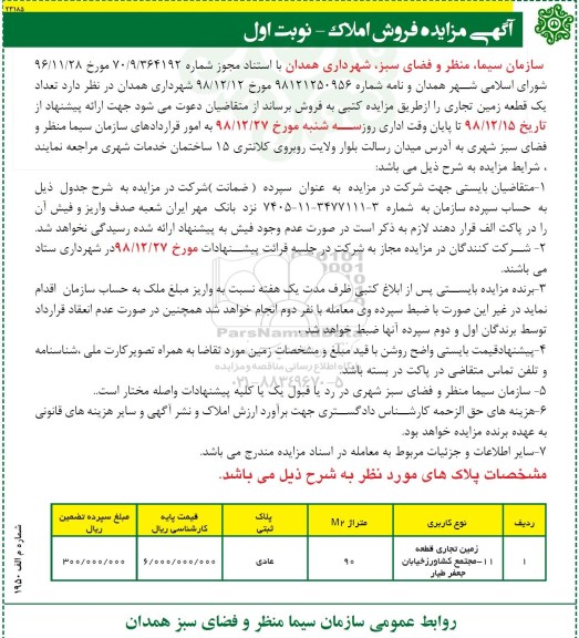 مزایده ،مزایده فروش یک قطعه زمین تجاری 90 متر نوبت اول