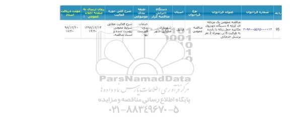 مناقصه کرایه 4 دستگاه خودروی مکانیزه حمل زباله با راننده 