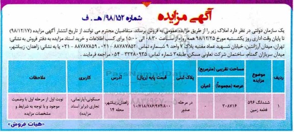 آگهی مزایده مزایده فروش املاک 308716 متر