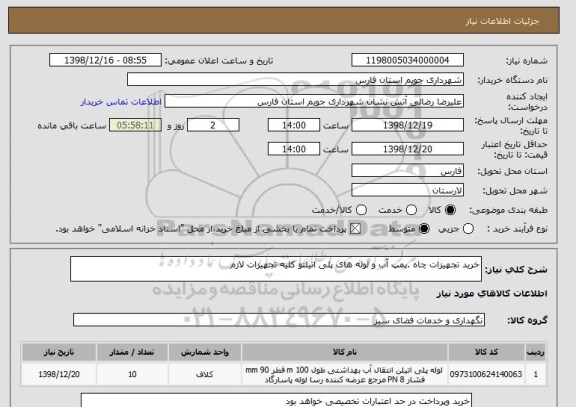 استعلام خرید تجهیزات چاه .پمپ آب و لوله های پلی اتیلنو کلیه تجهیزات لازم