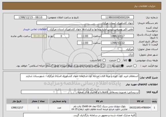 استعلام استعلام خرید کول کوره و میله قنات مرحله اول سازمان جهاد کشاورزی استان مرکزی - شهرستان شازند