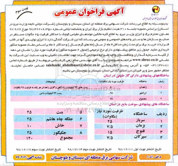 مناقصه , مناقصه خرید برق -نوبت سوم 