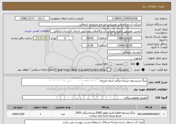 استعلام رینگ و پیستون نیسان پیکاپ ستاد استان 