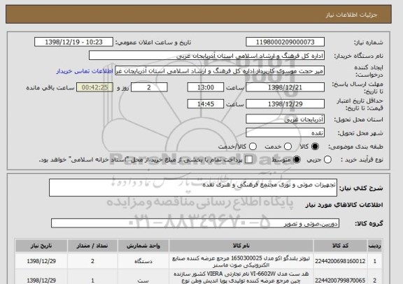 استعلام تجهیزات صوتی و نوری مجتمع فرهنگی و هنری نقده