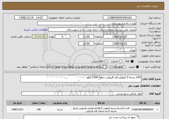 استعلام 240 بسته 5 کیلویی قند فردوس جمعاً 1200 کیلو