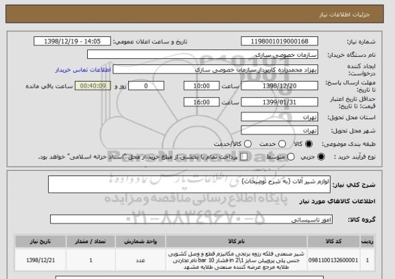 استعلام لوازم شیر آلات (به شرح توضیحات)