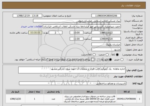 استعلام اجاره ماهانه  یک کیلوگرم قالب فلزی و متعلقات آن جهت پروژه کنارگذر مشهد