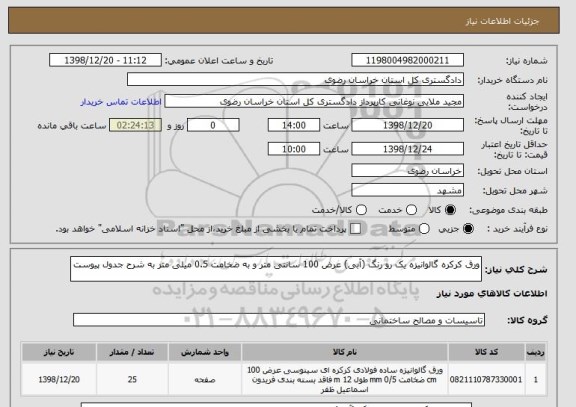 استعلام ورق کرکره گالوانیزه یک رو رنگ (آبی) عرض 100 سانتی متر و به ضخامت 0.5 میلی متر به شرح جدول پیوست