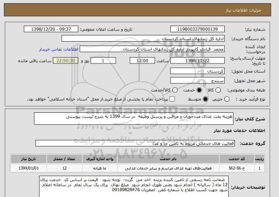 استعلام هزینه پخت غذای مددجویان و مراقبن و پرسنل وظیفه  در سال 1399 به شرح لیست پیوستی