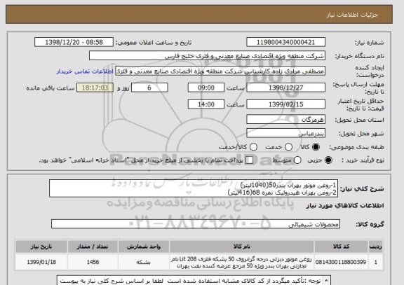 استعلام 1-روغن موتور بهران بندر50(1040لیتر)
2-روغن بهران هیدرولیک نمره 68(416لیتر)