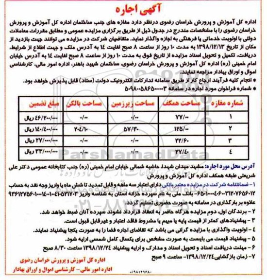 مزایده , مزایده اجاره مغازه - 98.12.20