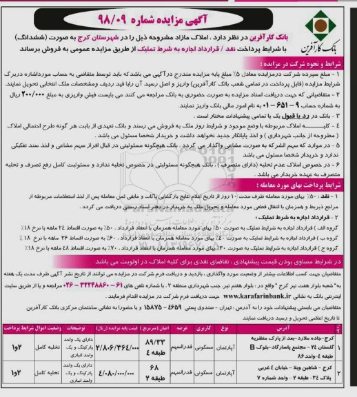 مزایده ، مزایده فروش ششدانگ املاک مازاد مسکونی 