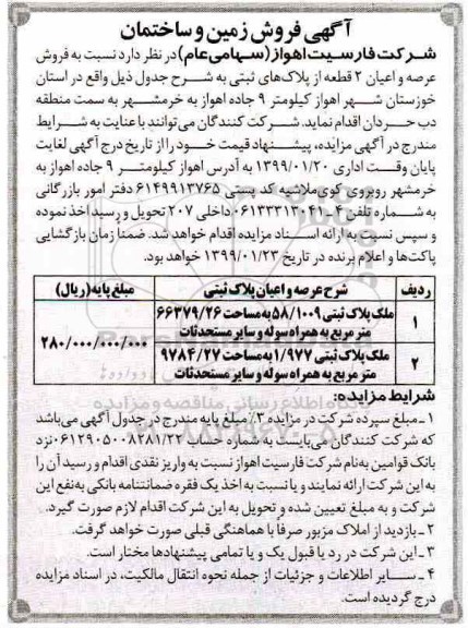مزایده ، مزایده فروش عرصه و اعیان 2 قطعه از پلاک های ثبتی 