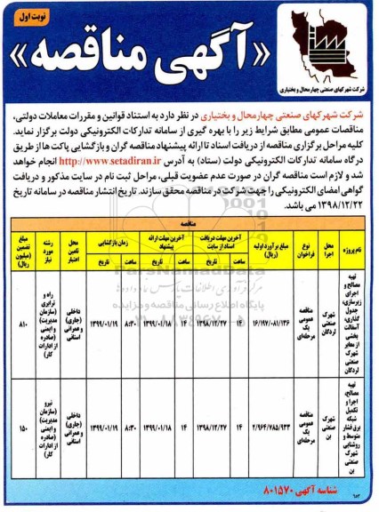 مناقصه , مناقصه تهیه مصالح و اجرای زیرسازی