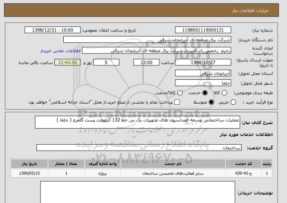 استعلام عملیات ساختمانی توسعه فونداسیون های تجهیزات یک بی خط 132 کیلوولت پست گلفرج ( جلفا )