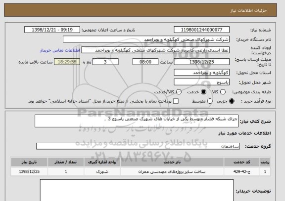 استعلام جرای شبکه فشار متوسط یکی از خیابان های شهرک صنعتی یاسوج 3