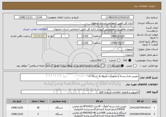 استعلام دوربین مدار بسته و تجهیزات مربوط به شبکه ان