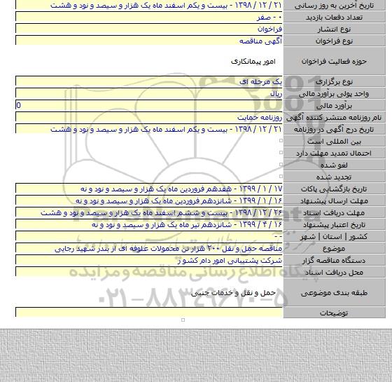 مناقصه حمل و نقل ۲۰۰ هزار تن محمولات علوفه ای از بندر شهید رجایی