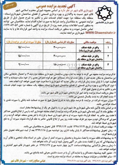 تجدید مزایده ، تجدید مزایده واگذاری و بهره برداری قسمتی از فضای ساختمان شهرداری