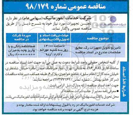 مناقصه عمومی , مناقصه تامین و تحویل تجهیزات رک