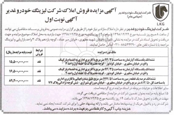 مزایده, مزایده فروش املاک آپارتمان و زمین نوبت اول