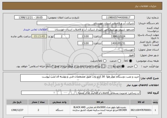 استعلام خرید و نصب دوستگاه بلوئر هوا  30 کیلو وات طبق مشخصات فنی و نقشه ای نصب پیوست