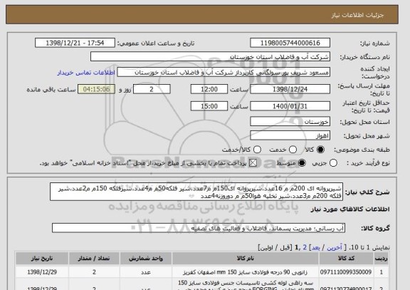 استعلام شیرپروانه ای 200م م 16عدد،شیرپروانه ای150م م7عدد،شیر فلکه50م م4عدد،شیرفلکه 150م م2عدد،شیر فلکه 200م م3عدد،شیر تخلیه هوا50م م دوروزنه4عدد