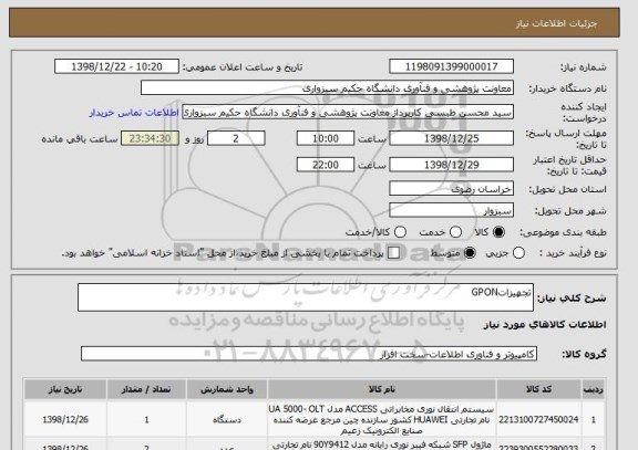 استعلام تجهیزاتGPON