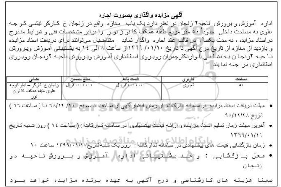 مزایده, مزایده واگذاری بصورت اجاره یک باب مغازه