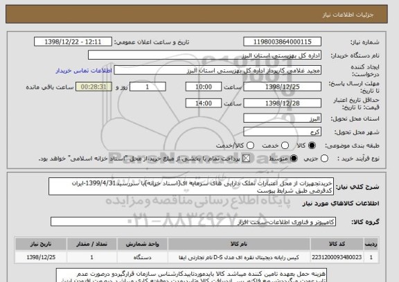 استعلام خریدتجهیزات از محل اعتبارات تملک دارایی های سرمایه ای(اسناد خزانه)با سررسید1399/4/31-ایران کدفرضی طبق شرایط پیوست