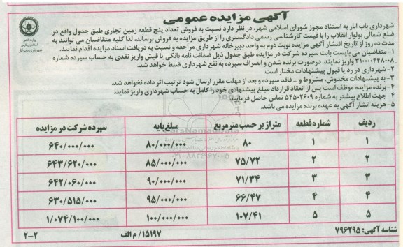 مزایده مزایده فروش تعداد پنج قطعه زمین تجاری 