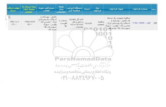 مناقصه، مناقصه تکمیل، بهسازی و آسفالت راه روستایی ارزک و...