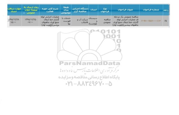 مناقصه، مناقصه عملیات اجرایی لوله گذاری خط انتقال جمع آوری چاههای پیشین 
