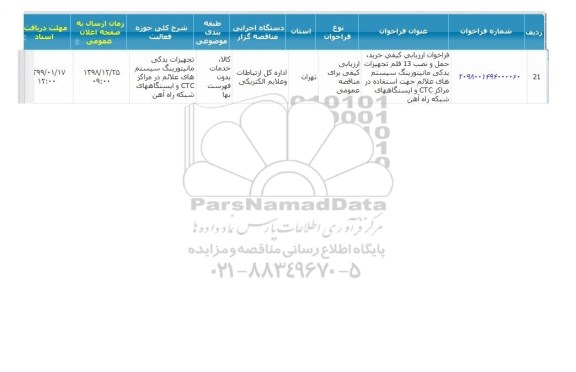 فراخوان ارزیابی کیفی ,مناقصه خرید، حمل و نصب 13 قلم تجهیزات یدکی مانیتورینگ سیستمهای علائم