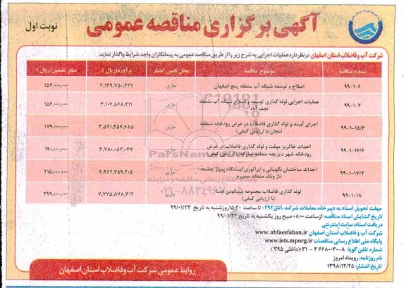مناقصه اصلاح و توسعه شبکه آب منطقه