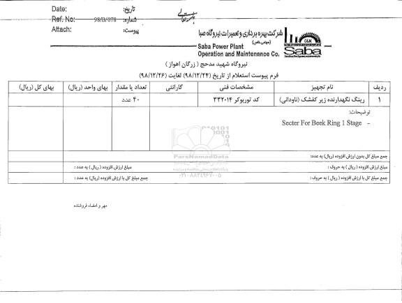 استعلام, استعلام رینگ نگهدارنده زیر کفشک ناودانی 