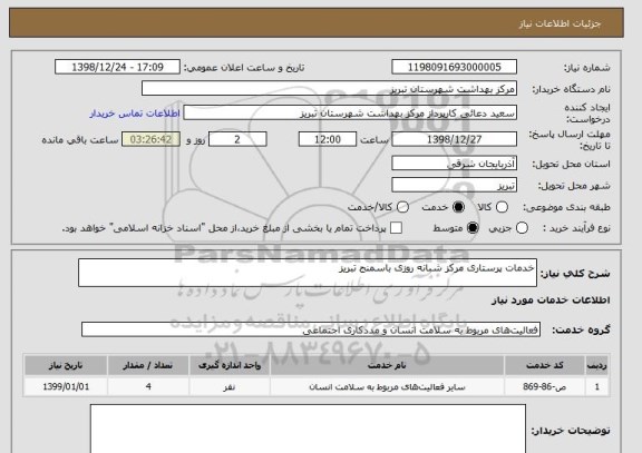 استعلام خدمات پرستاری مرکز شبانه روزی باسمنج تبریز