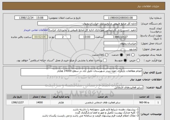 استعلام انجام مطالعات بازنگری حوزه زیردر شهرستان خلیل آباد در سطح 14000 هکتار